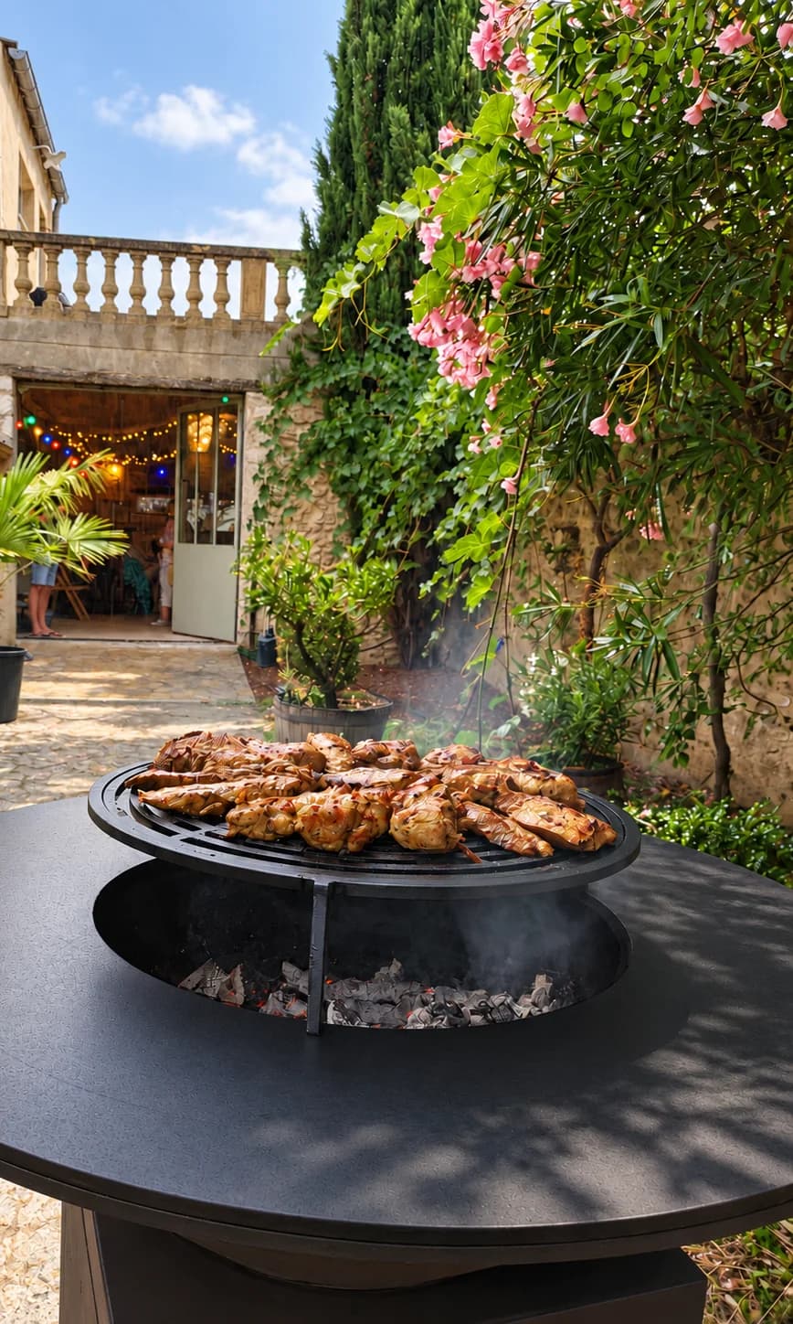 Cuisson sur le braséro dans la cour fleurie du Mas d'Eylieux