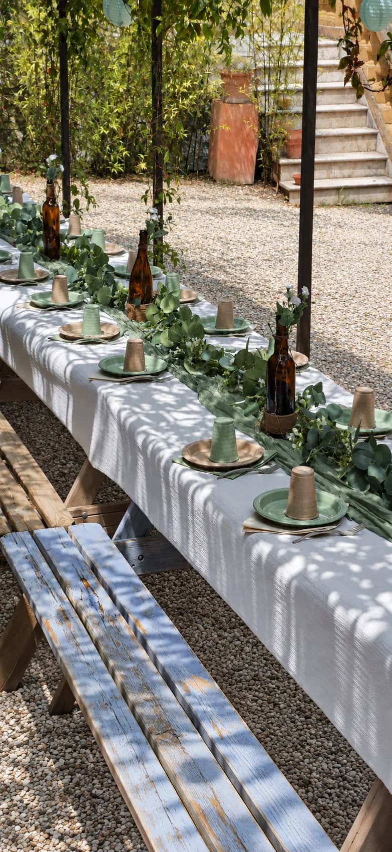 Table dressée pour des retrouvailles dans la cour du Mas d'Eylieux