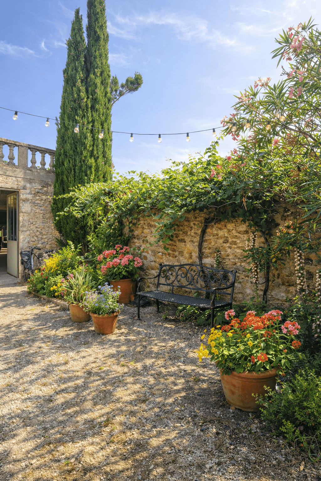 Cour fleurie et hébergements du Mas d’Eylieux en Sud Ardèche