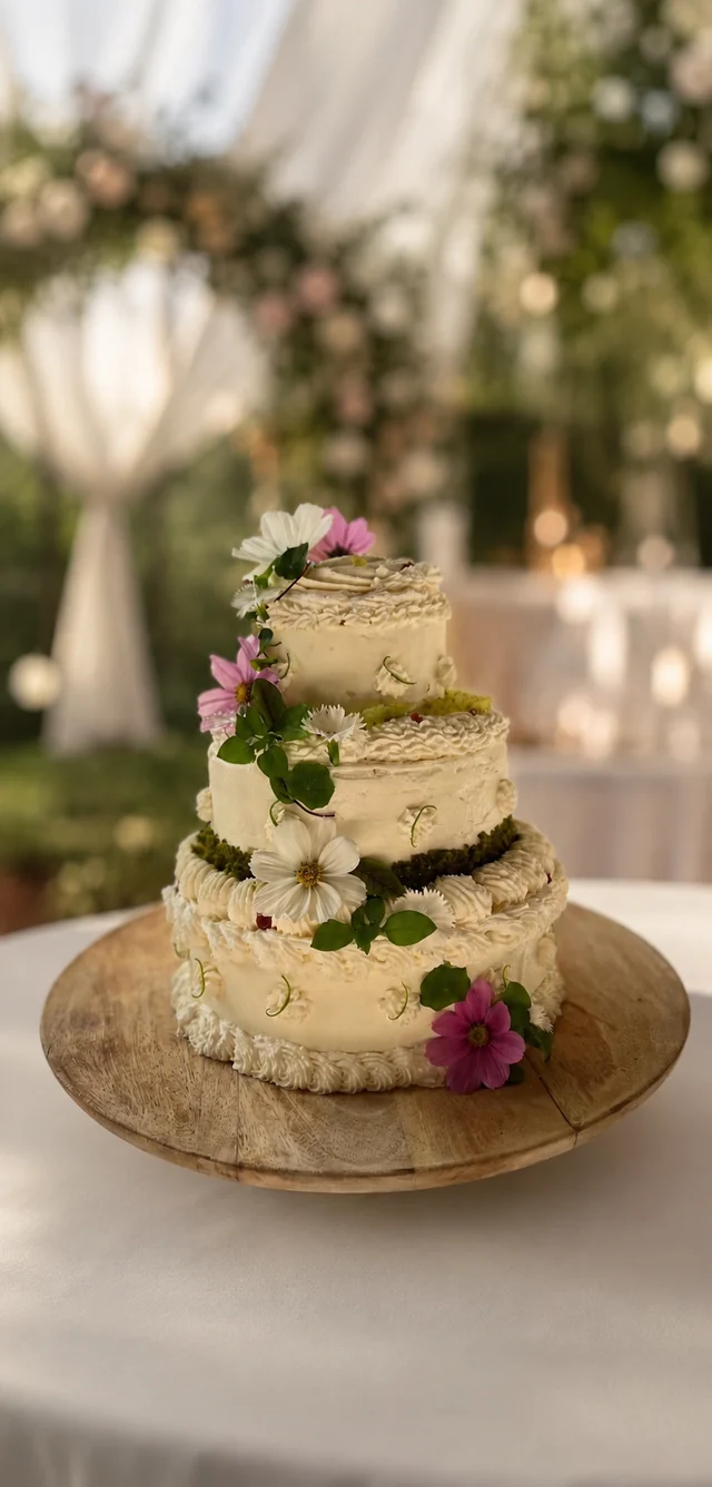 Dreistöckige, mit Blumen verzierte Torte, hergestellt von Maison Henria.