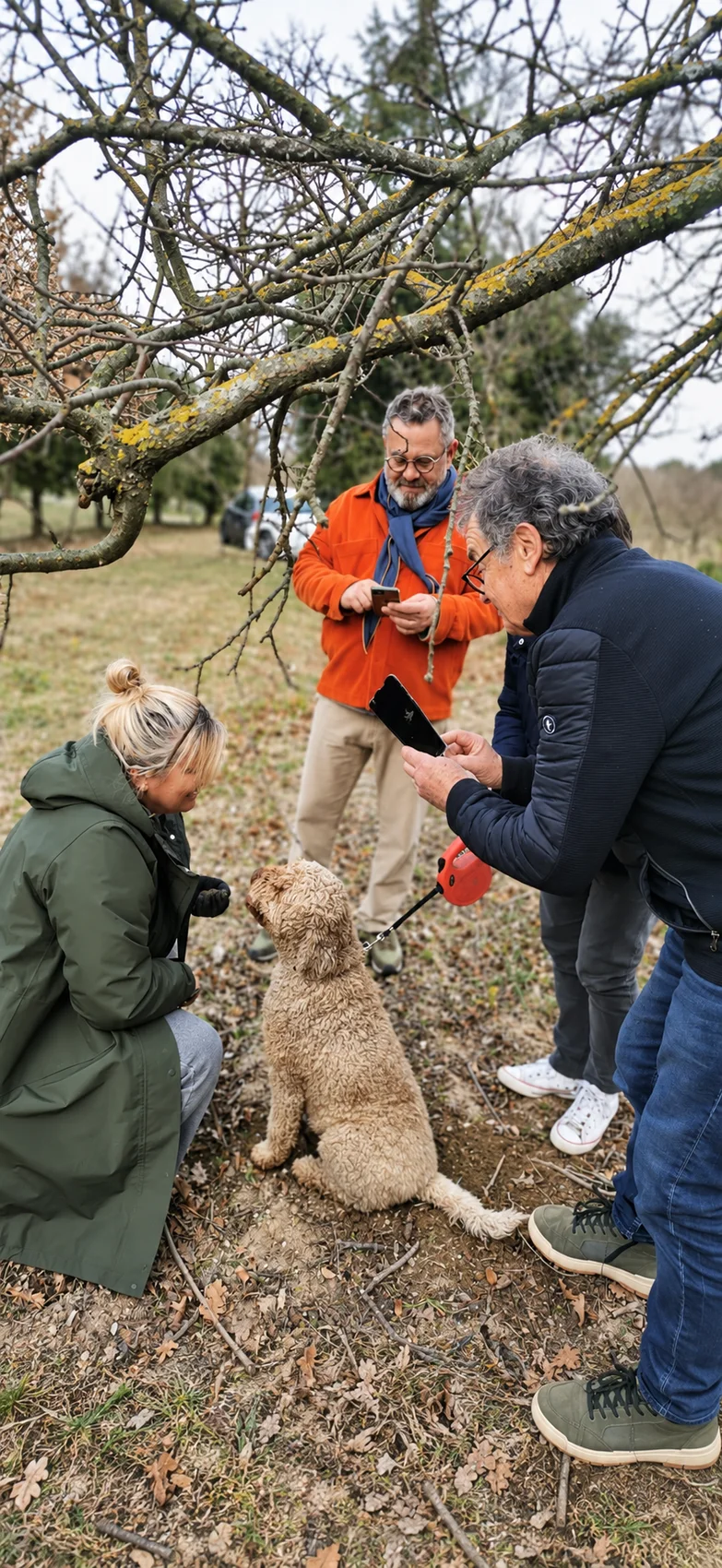 Des participants regardent un chien truffier dans une parcelle plantée d'arbres