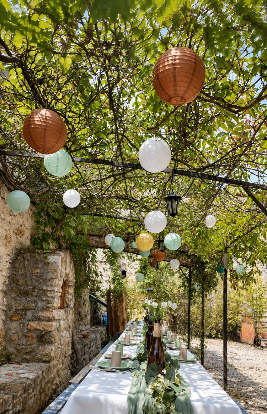 Table de mariage dressée sous la treille avec nappe blanche, décor végétal et lanternes suspendues