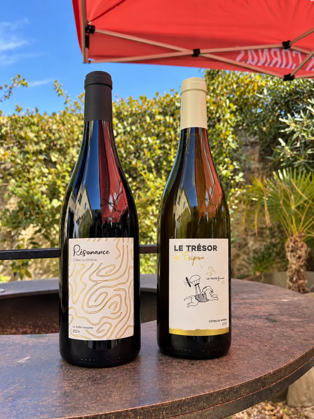 Deux bouteilles de vin sur une table extérieure, sous une toile rouge.