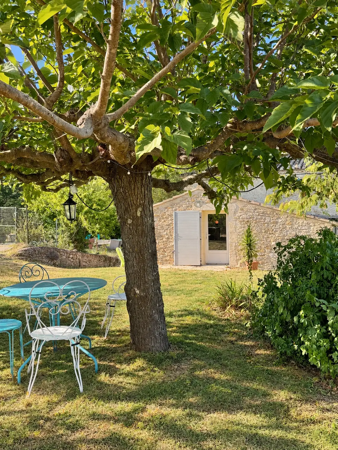 Façade en pierre et terrasse de la Maisonnette au Mas