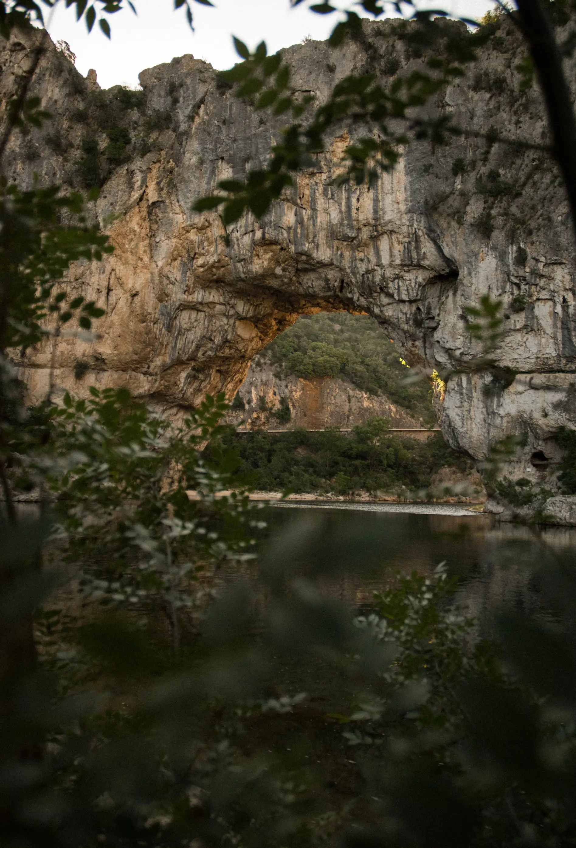 Falaises et arche en pierre vues à travers le feuillage.