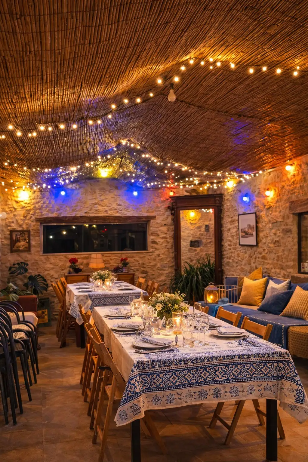 Tables set under fairy lights in a room with stone walls.