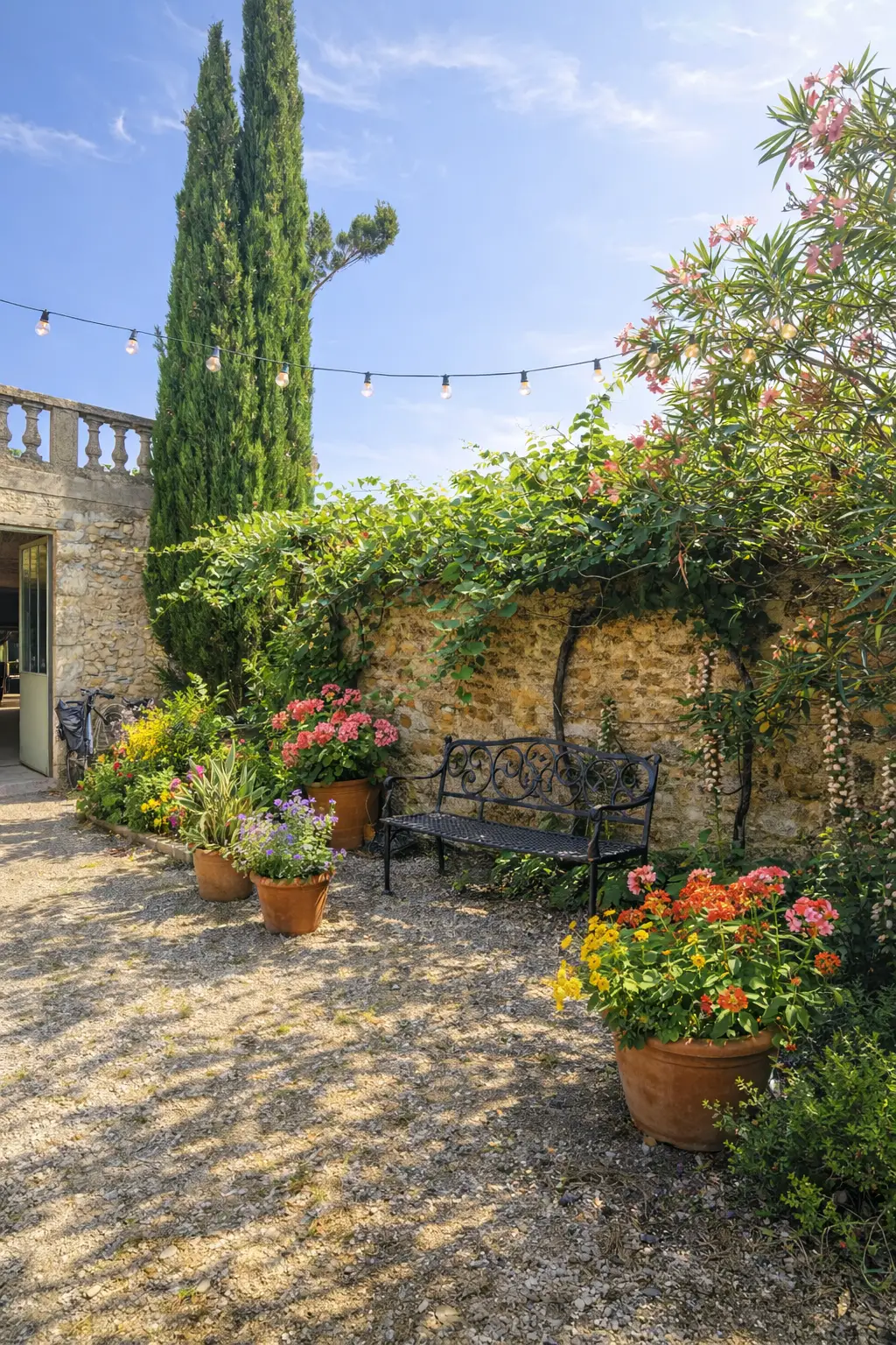 Flowered courtyard of Mas d’Eylieux